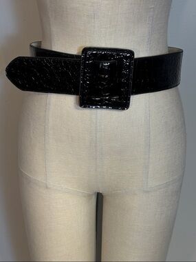 Betsey Johnson Wide Black Croc-Embossed Patent Leather Waist Belt